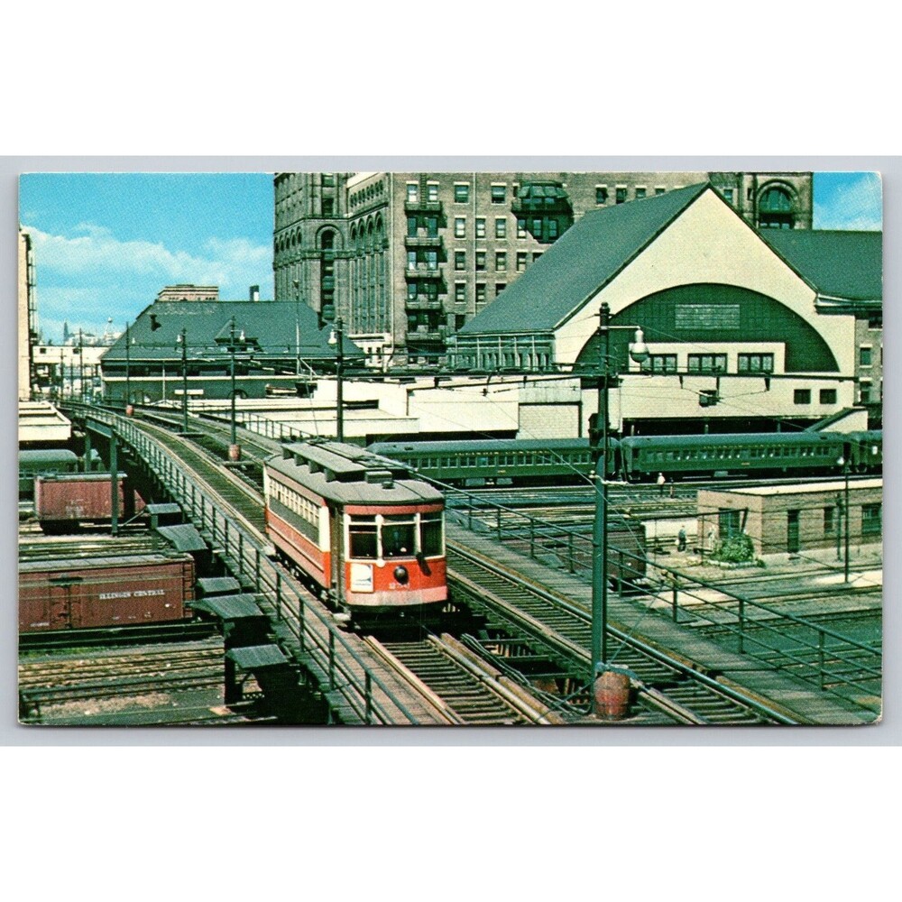 Postcard Illinois Chicago Lost Railroads Big Pullman Trolley Reproduction 1976